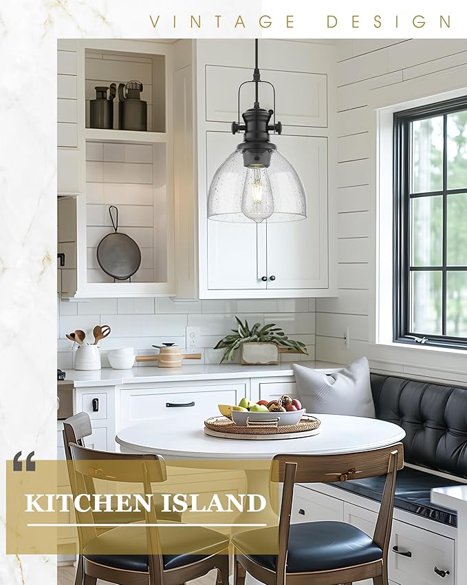 Black Pendant Lights Kitchen Island, 7.5" Farmhouse Pendant Lighting with Clear Seeded Glass Shade, Vintage Hanging Light Fixtures for Dining Room, AD-22151-1P-BK