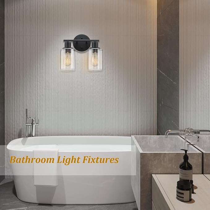 Bathroom Vanity Light Fixtures, 2-Light Black Vanity Light with Glass Shades, Matte Black Vanity Lights for Bathroom, Bathroom Lights over mirror Wall Sconces for Mirror Living Room Bedroom Hallway
