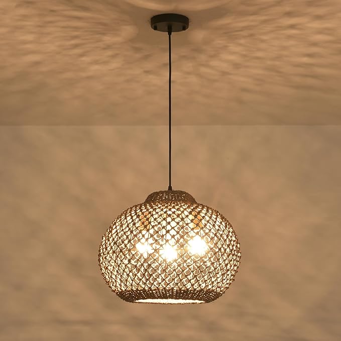 Farmhouse Rattan Chandelier 17” Boho Natural Seagrass Hanging Pendant Lights 3-Lights Hand-Woven Wicker Dining Room Light Fixture for Kitchen Island Entry Living Room Bedroom Hallway