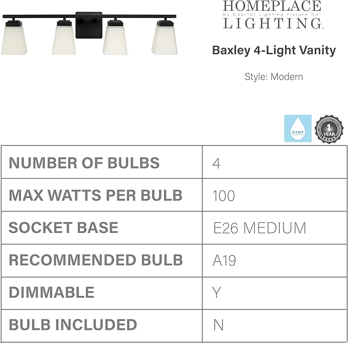 HomePlace Lighting 114441MB-334 Baxley Modern Soft White Glass Bathroom Vanity Wall Light, 4-Light 400 Total Watts, 7" H x 31" W, Matte Black