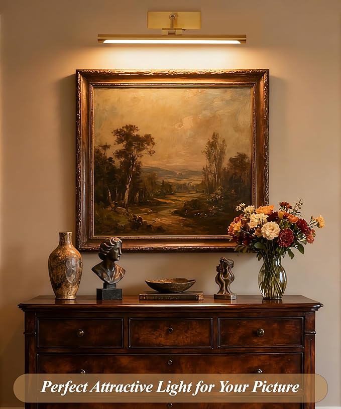 Picture Lights for Wall Battery Operated,16 Inch Wireless Rechargeable Art Lights for Pictures,3CCT Dimmable Retractable Painting Light with Remote & Timer,Glare-Free for Gallery Light,Gold