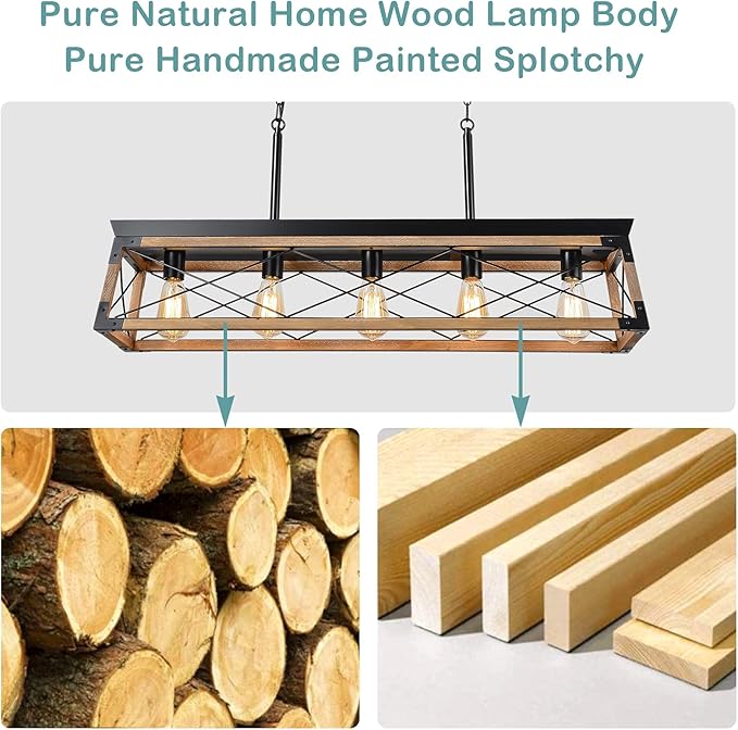 Airposta Farmhouse Rustic Wood Chandelier, 5 Lights Metal Rectangle Dining Room Swag Lighting, Kitchen Island Industrial Linear Cage Pendant Light Fixtures Hanging Lamp