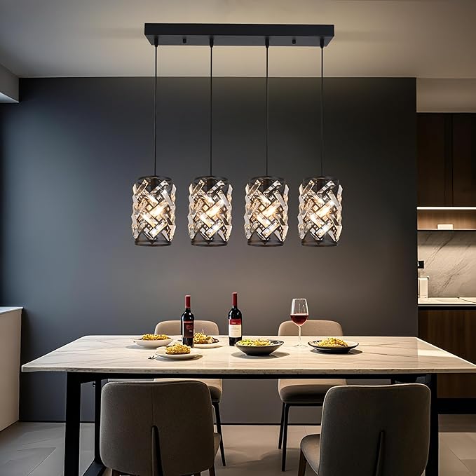 Pendant Lights Kitchen Island, 25.6” Modern Farmhouse Crystal Pendant Lighting, K9 Crystal Chandelier for Dining Room, Entryway & Bar, Adjustable Hanging Light Fixture (E26 Base, Bulbs Not Included)