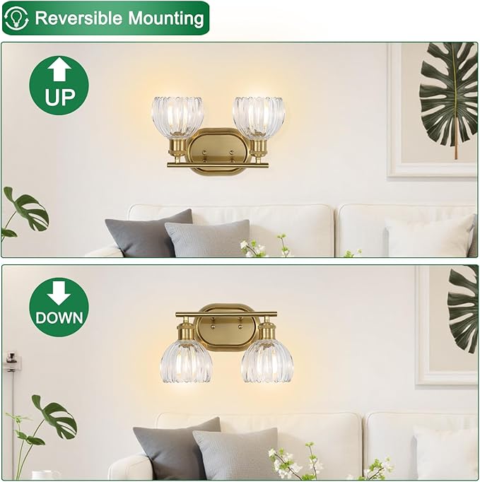 2-Light Bathroom Light Fixtures, Gold Vanity Lights for Bathroom with Ribbed Clear Tulip Glass Shade, Brass Vintage Wall Scone Lighting Over Mirror for Farmhouse,Bedroom,Living Room,Hallway