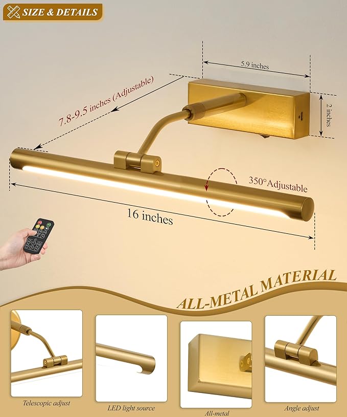 Picture Lights for Wall Battery Operated,16 Inch Wireless Rechargeable Art Lights for Pictures,3CCT Dimmable Retractable Painting Light with Remote & Timer,Glare-Free for Gallery Light,Gold