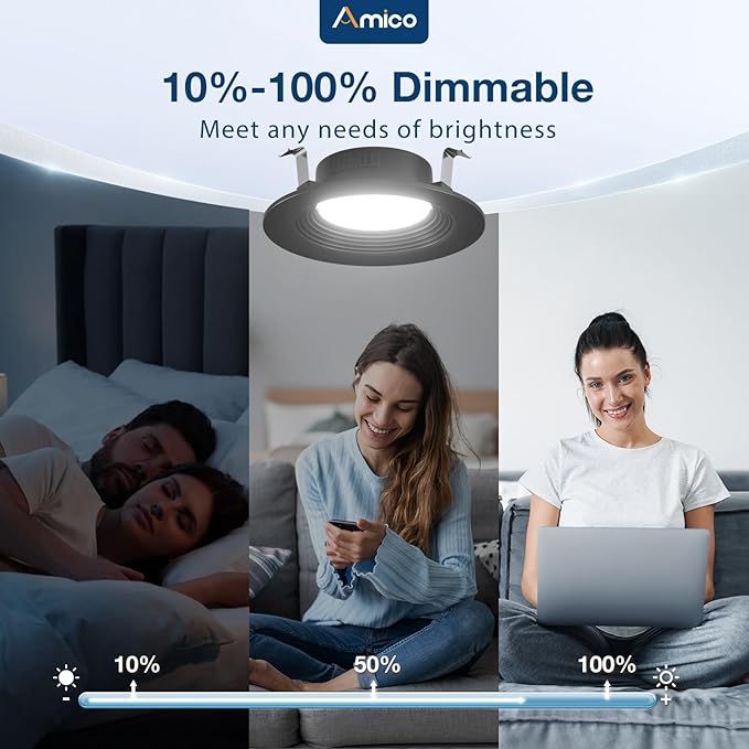 Amico 4 Inch 5CCT LED Recessed Lighting 12 Pack, Dimmable, Damp Rated, 8.5W=60W, Can Lights with Baffle Trim, Retrofit Installation, ETL&FCC, Black
