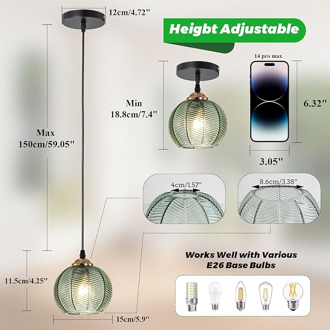 Small Pendant Light Island Pendant Lights for Kitchen Hand Blown 1-Light Globe Glass Pendant Light with Green Ribbed Shade mid Century Pendant lamp for Dining Room Bedroom