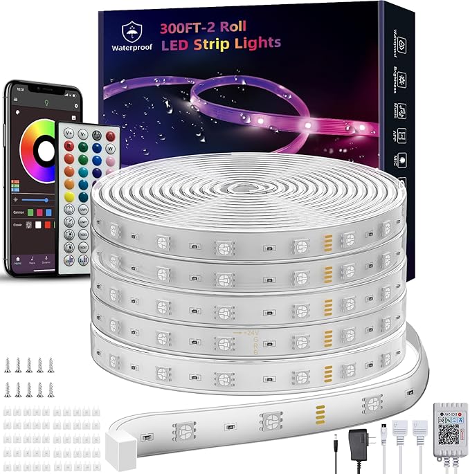 Ledagic Outdoor Led Strip Lights Waterproof 300ft (2*150ft), Ip65 Outside Led Light Strip Waterproof with Remote and App Control, Exterior Led Rope Lights Music Syne RGB Strip Lights for Bedroom Decor