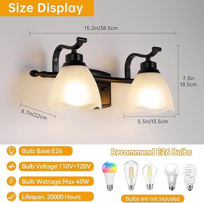 Bathroom Light Fixtures (2-Light, 15 Inch), Matte Black Vanity Lights for Bathroom with White Frosted Glass Shade, Modern Vanity Wall Lights for Mirror Bedroom Living Room Kitchen Hallway Porch