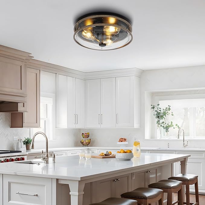 16 Inch Large Flush Mount Ceiling Light Fixture with Seeded Glass, Wood Grain Round Ceiling Lamp Shade, Modern Farmhouse Indoor Outdoor Ceiling Lighting for Kitchen Dining Living Room Foyer