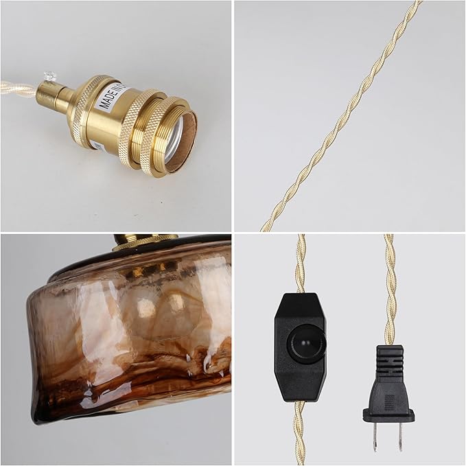 Glass Pendant Lights Kitchen Island Plug in Pendant Light with Dimmable Switch Amber Glass Lampshade for Bedside Dining Room Foyer, Brass