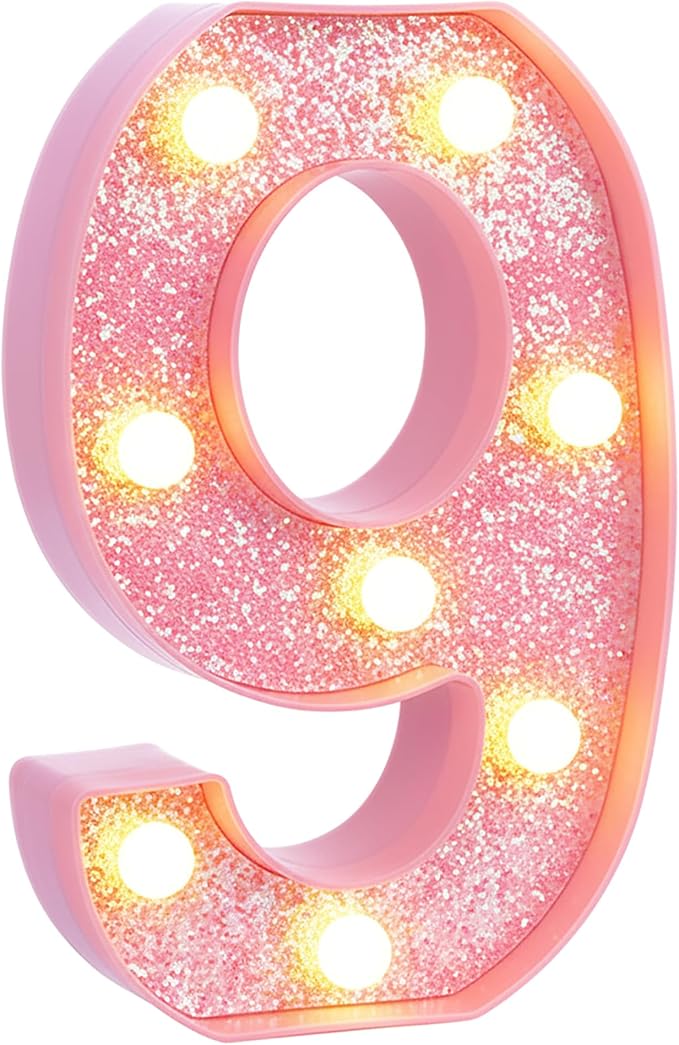 Pink Light Up Marquee Numbers, Glitter LED Number Lights Signs Battery Operated for Girls 9th 19th 29th Pink Birthday Party Table Decorations, 8 Inch Tall Number 9 with Warm White Lights