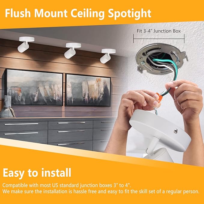 VANoopee Flush Mount LED Ceiling Spotlight Dimmable Adjustable Spotlight Directional Spot Lights Indoor Bright Can Accent Fixture for Living Room Bedroom - CRI90 Flicker Free 10W 800lm 4000K White