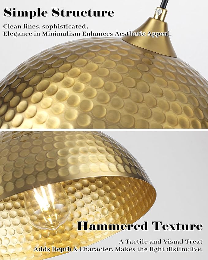 Hammered Pendant Lights Kitchen Island 3 Pack, 12 Inch Gold Dome Pendant Light, Industrial Hammered Pendant Light, Island Pendant Lights for Kitchen, Dining Room, Cafe