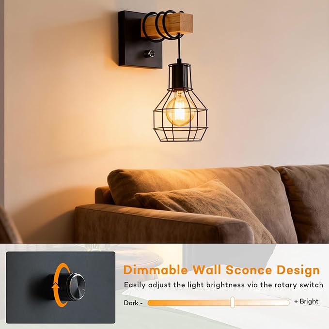 Black Wall Sconces with Dimmer ON/Off Switch, Cage Wall Mount Light Fixture Industrial Farmhouse Lighting for Living Room Kitchen, C71Y215