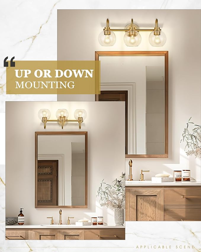 Bathroom Light Fixtures, 3-Light Brushed Gold Vanity Lights with Globe Clear Glass, Champagne Bronze Vanity Lighting Fixtures Over Mirror, AD-22280-3W-GD