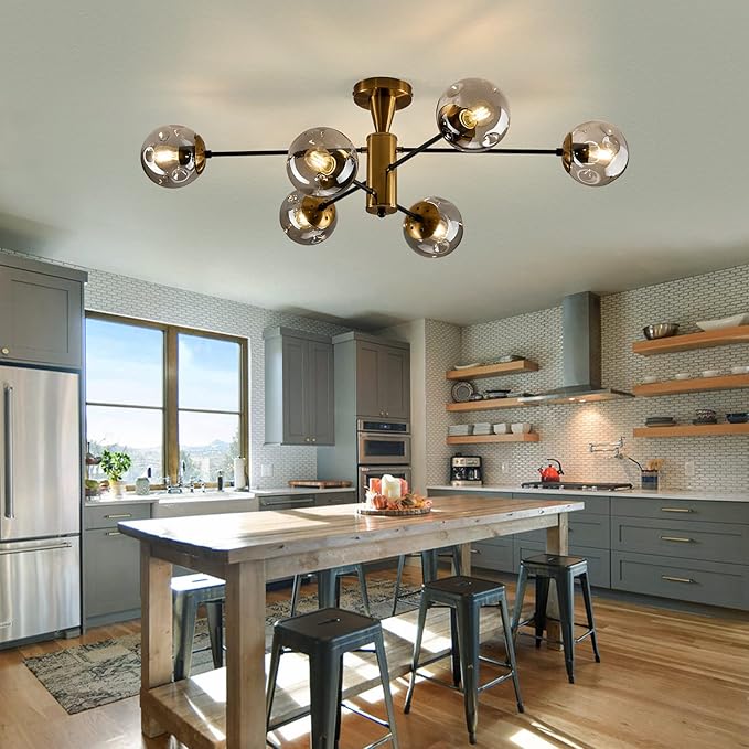hesoge Modern Semi Flush Mount Ceiling Light Fixture 6-Light Sputnik Gold Chandelier with Glass Globe Mid Century Ceiling Lighting for Dinning Room Farmhouse Kitchen Bedroom Living Room