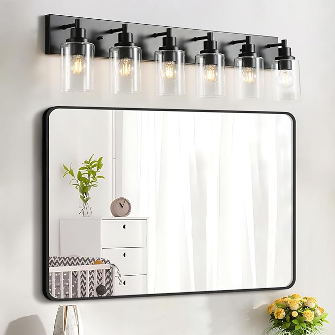 LOUSACE 6 Light Bathroom Vanity Light, Matte Black Bathroom Light Fixtures Over Mirror, Modern Bathroom Lighting with Clear Glass Shade, Black Farmhouse Wall Sconces Lighting Fixture