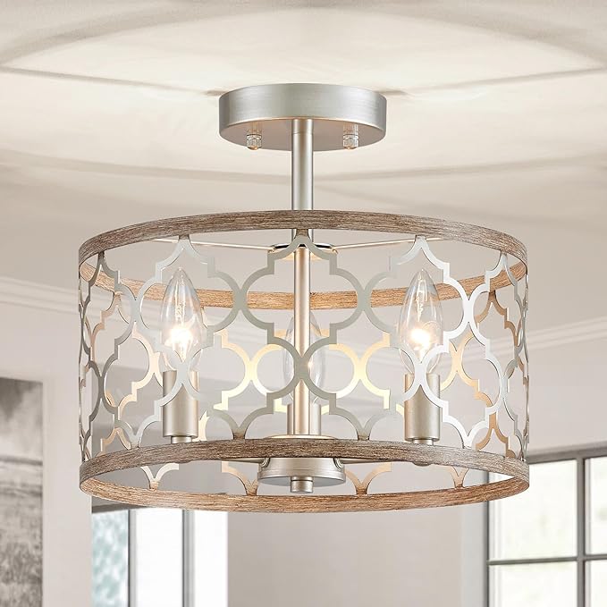 WUZUPS Chandelier 3-Light Vintage Farmhouse Semi-Flush Mount Ceiling Light Lighting Fixture for Foyer Bedroom Hallway Storage Room Kitchen Bathroom, H 9.8" x W 12.4", E12 Base, Nickel & Wood Imitaion
