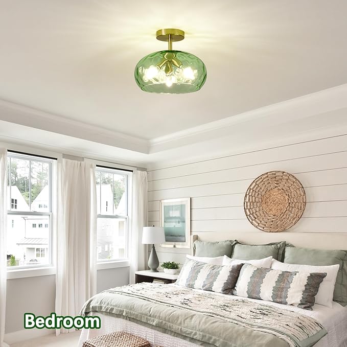 Green Glass Flush Mount Ceiling Light - 12 Inch Hammered Glass Hallway Light fixtures Ceiling, Vintage Gold Semi Flush Mount Ceiling Light,Mid Century Light Fixture for Bedroom Entryway Kitchen
