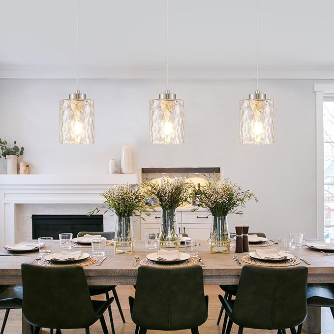 MWZ Brushed Nickel Pendant Lights Kitchen Island 3 Pack, Modern Hanging Kitchen Pendant Lighting Over Sink with Hammered Glass Shade,Small Chandeliers Fixtures Adjustable Cord Hanging Lighting