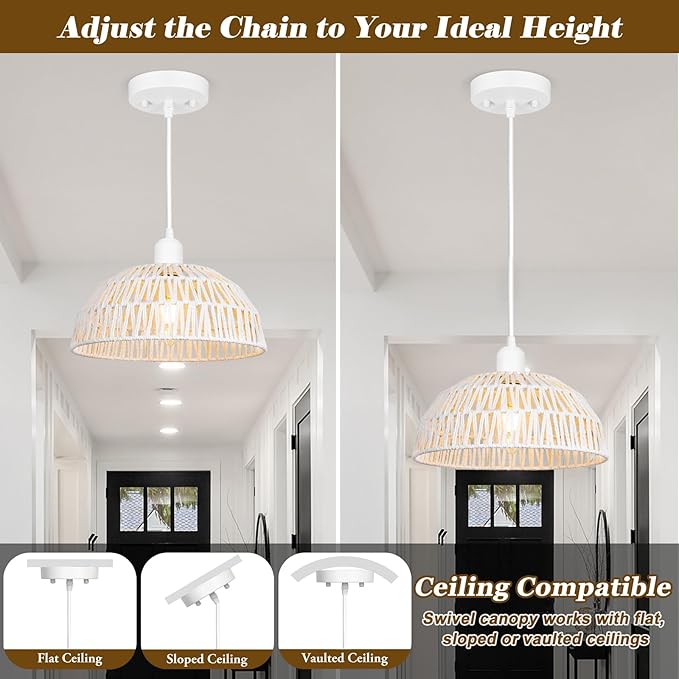 Rattan Pendant Light Fixtures 2 Packs, White Boho Woven Basket Pendant Light, Handmade Wicker Hanging Lamp, Rattan Chandelier for Kitchen Island, Dining Room, Living Room, Bedroom, E26 Base