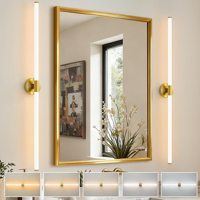 Glod Wall Sconces Set of 2 Hardwired, Dimmable 5CCT LED Bathroom Light Fixtures Over Mirror, 360° Full Lighting 47" Long Vanity Light Bar Modern Wall Sconce for Bathroom Bedroom Living Room