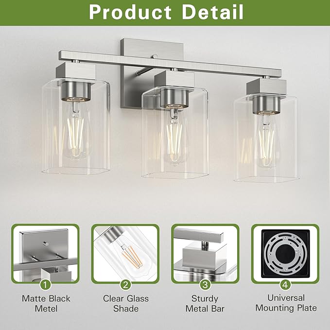 Espird Brush Nickel Bathroom Vanity Light - 3 Light Bathroom Light Fixture Square Design & UL Certification & Square Bath Room Lights Fixture Over Mirror