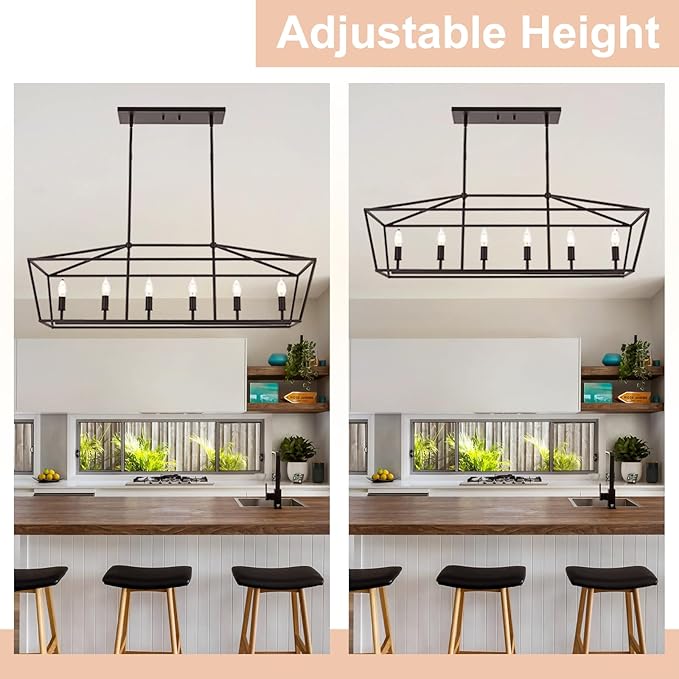 6-Light Kitchen Island Lighting, Farmhouse Dining Room Rectangle Chandelier, Hanging Pendant Light Fixture Over Table for Living Room, Oil Rubbed Bronze & E12 Bulb Base