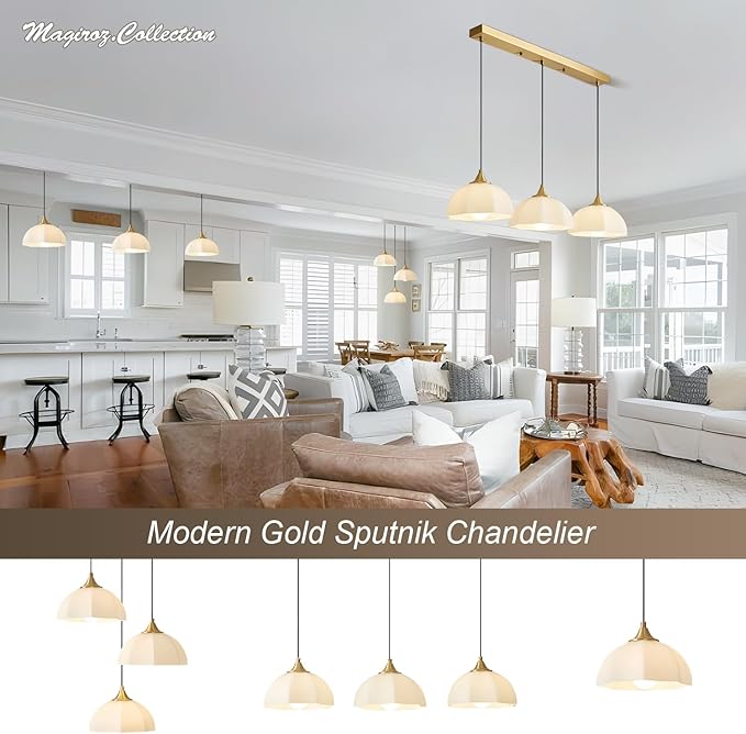 Milk Glass Pendant Light Kitchen Island 2 Pack Mid Century Brushed Gold Dome Ceiling Hanging Light Fixtures Retro Hanging Lamp Set of 2 MPL17-2 GD