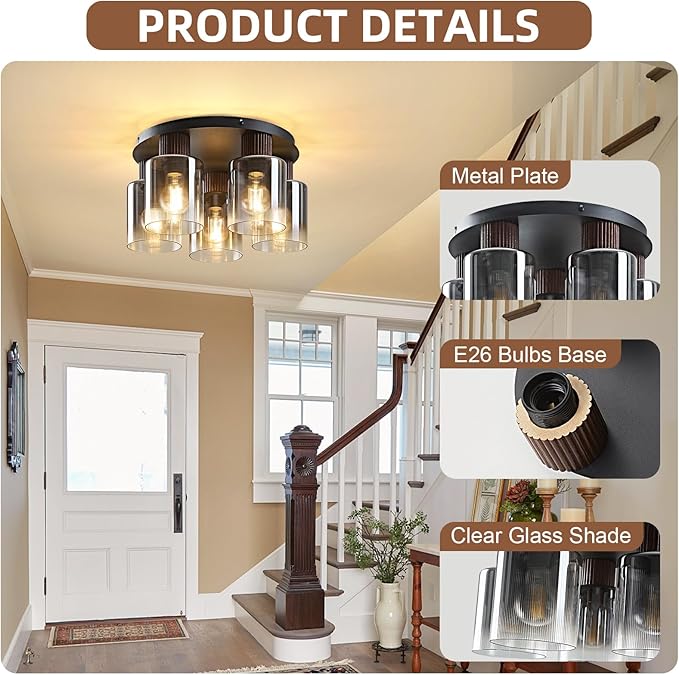 5-Lights Semi Flush Mount Ceiling Light Kitchen Lighting Fixtures Ceiling Black Walnut Wood Kitchen Cieling Light Fixtures with Clear Glass Shade for Dining Room Entryway Foyer Hallway