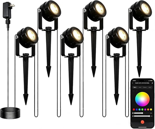 HISTAR Low Voltage Landscape Lighting with Bluetooth App Control & Remote, Outdoor Spot Lights for Fence Tree Pathway Lawn Decor, IP65 Waterproof All-in-One Permanent Outdoor Lights (6pack-RGBW)