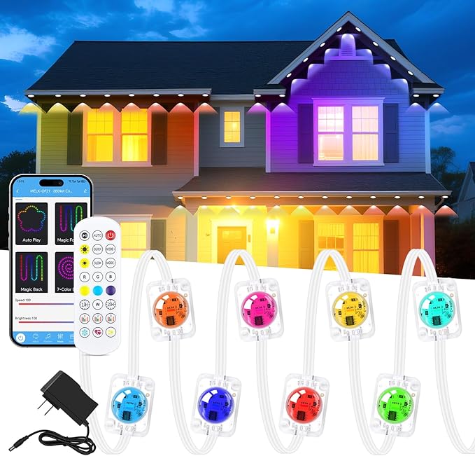 KISUFU 200FT RGB+IC Permanent Outdoor Lights, 24V Year-Round Roof & Eaves Lighting with 221 Modes, App & Remote Control, IP68 Waterproof, Smart Outside Lights for Halloween, Christmas, Holidays