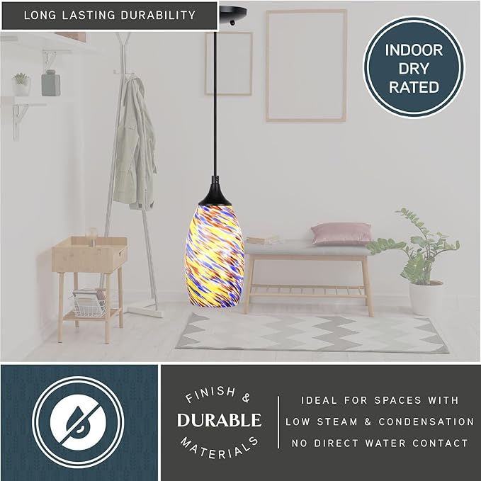 VAXCEL Milano Matte Black Mini Pendant Ceiling Light Multi Color Swirl Art Glass