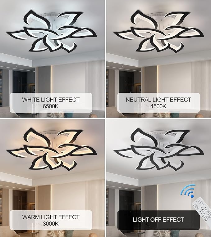 MEIXISUE Ceiling Light Fixture Modern Black LED Flower Light Fixtures Ceiling Mount with Remote Control for Living Room, Bedroom, Kitchen, Dimmable W31.5