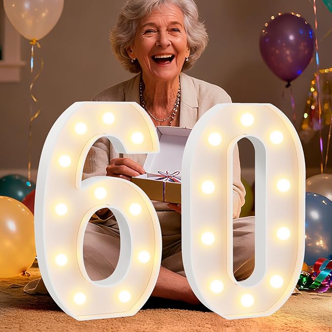Pooqla 60th Birthday Decorations for Women Men, Large 12.6 in Tall Light Up Numbers for Party Decorations Table Decor, Big Marquee Numbers 60th Birthday Gift for Women Men Wedding Anniversary Decor