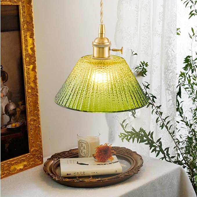 Vintage Pendant Lights Kitchen Island 3 Pack, Adjustable Brass Pendant Light Fixtures with Gradient Green Glass Shade, Gold Kitchen Pendant Lighting Over Island, Pendant Light for Dining Room Hallway