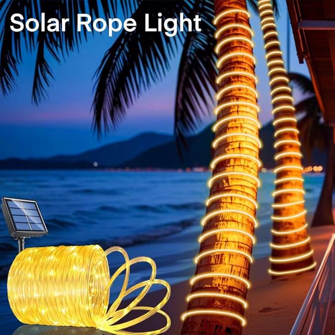 Honche Solar Rope Light 33FT 100LED IP65 Waterproof Outdoor LED Copper Fairy String Tube Lights for Party Gazebo Garden Patio Stair Balcony Fence Tree Daily Christmas Decoration (Solar-Warm White)