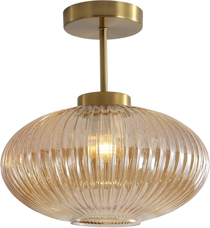 KCO Lighting Amber Bubble Glass Ceiling Light Mid Century Modern Semi Flush Mount Ceiling Lights Farmhouse Gold Flush Mount Ceiling Light Fixture Large for Hallway Entryway Porch