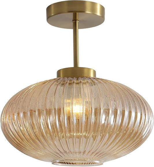 KCO Lighting Amber Bubble Glass Ceiling Light Mid Century Modern Semi Flush Mount Ceiling Lights Farmhouse Gold Flush Mount Ceiling Light Fixture Large for Hallway Entryway Porch