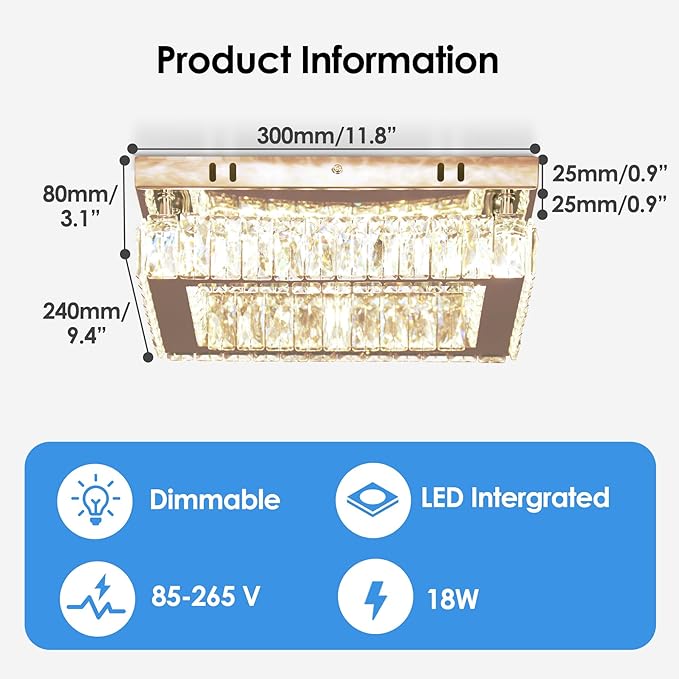 Dimmable Crystal LED Flush Mount Ceiling Light, 11.8"×9.1" Rectangular Close to Ceiling Chandelier, K9 Crystal & Stainless Steel, Remote & App Control, 3000–6500K CCT for Bedroom Living Room