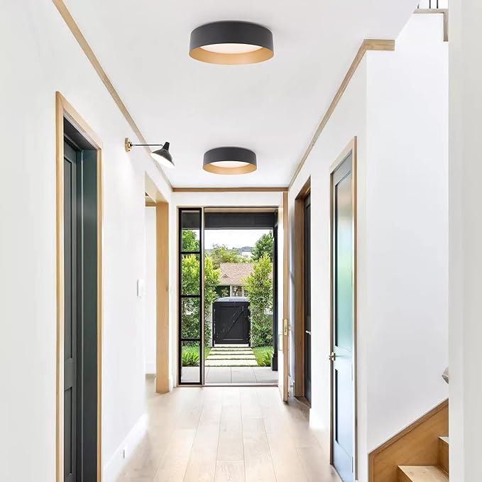 Bargeni Flush Mount Ceiling Light,12.5 inch LED Ceiling Light Fixture,Matte Black with Gold Inside,3000K/Warm White/18W(100w Equiv.),Dimmable Outdoor Lighting Fixtures Ceiling for Bedroom and Hallway