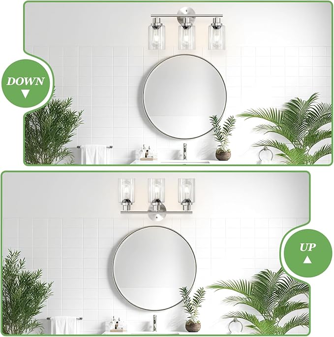 3-Light Brushed Nickel Vanity Lights, E26 Modern Bathroom Light Fixtures with Clear Glass Shade, Wall Lamps for Mirror Kitchen Hallway Cabinet Living Room Sconces Lights