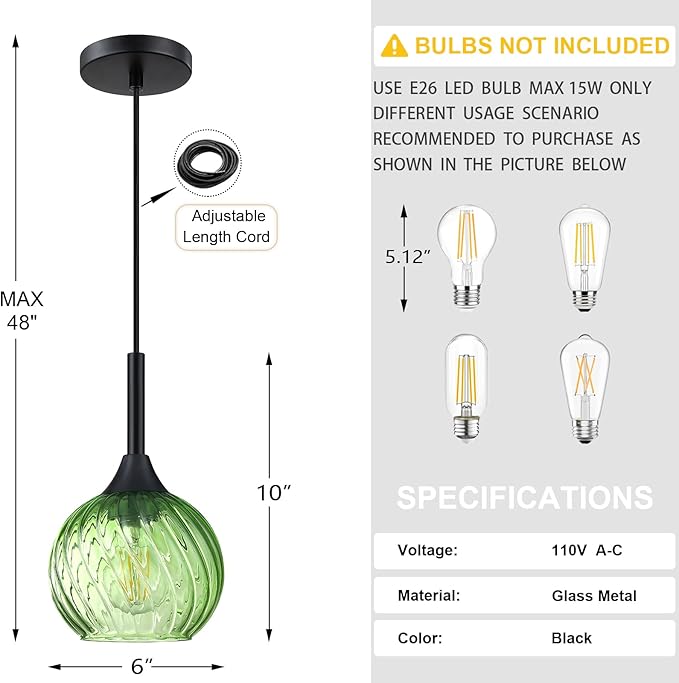 1 Light Pendant Ceiling Light Hanging Modern Farmhouse Indoor Fixture 6" Green Textured Glass Black Finish Dinning Over Sink Kitchen Island