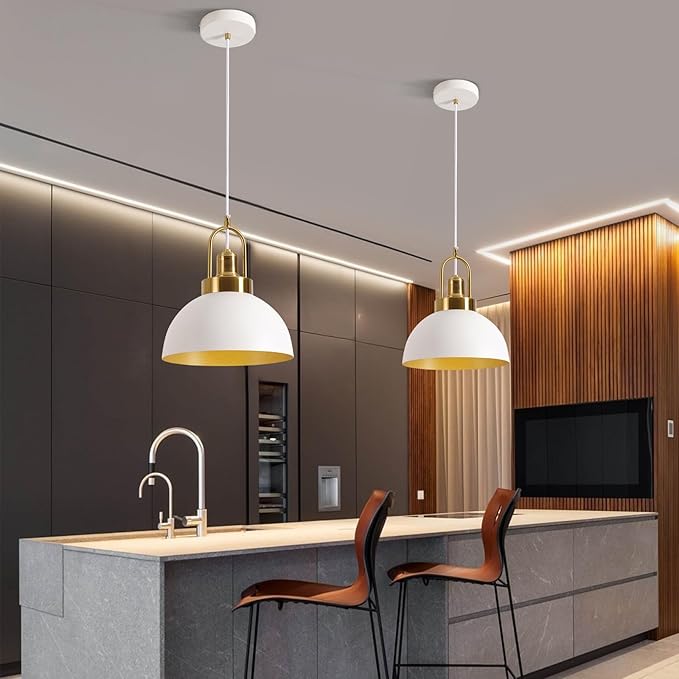Vintage Pendant Light White and Gold Pendant Light with 9.84 Inch Round Dome, Brass Socket, and 78.74 Inch Cord - Perfect for Kitchen Island, Dining Room, Hallway