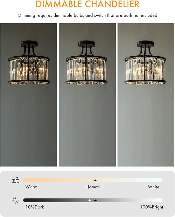 KSRYSZCQ Black Crystal Ceiling Light 3-Light Flush Mount Ceiling Light Fixture 12.59" E12 Bulb Round Hallway Lighting Fixtures for Kitchen Entryway Bedroom Bathroom