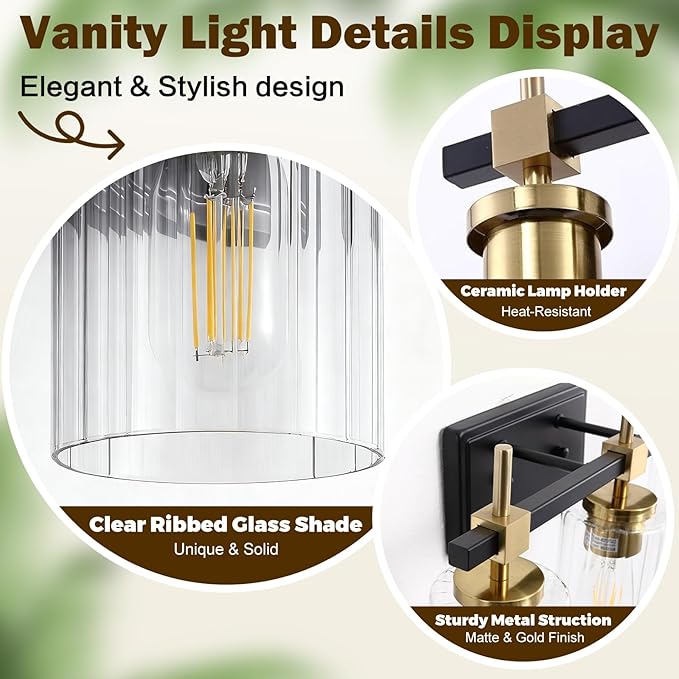 Asnxcju 3-Light Black and Gold Bathroom Light Fixtures, Vanity Lights for Bathroom with Textured Glass Shade, Modern Vanity Wall Lighting Over Mirror, Vintage Wall Lamp for Living Room Cabinet Hallway