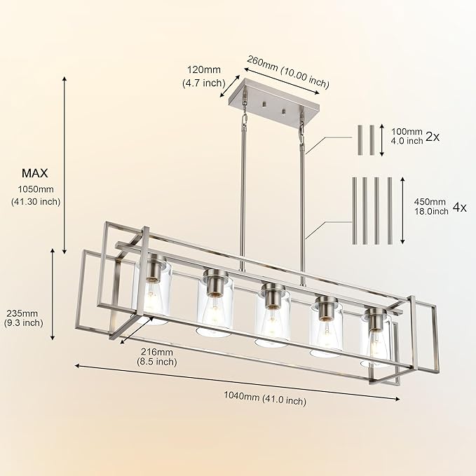 Kitchen Island Lighting Brushed Nickel Industrial 5-Light Chandeliers Farmhouse Dining Room Rectangular Pendant Light Fixtures with Clear Glass Shades