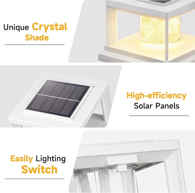 FOLKSMATE Solar Post Cap Lights 8 Pack, 2 Lighting Modes Cool/Warm White Outdoor Solar Powered, Waterproof Fence Deck Lights for 4×4 3.5×3.5 Wood Vinyl Posts, for Garden Patio Porch Decor, White