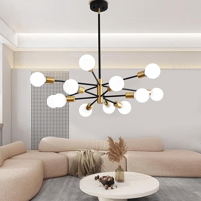 Sputnik Chandeliers, Black and Gold Chandelier,Modern Pendant Light Fixture Mid Century Industrial Ceiling Lighting 12 Lights for Dining Room, Kitchen, Bedroom, Living Room and Farmhoue